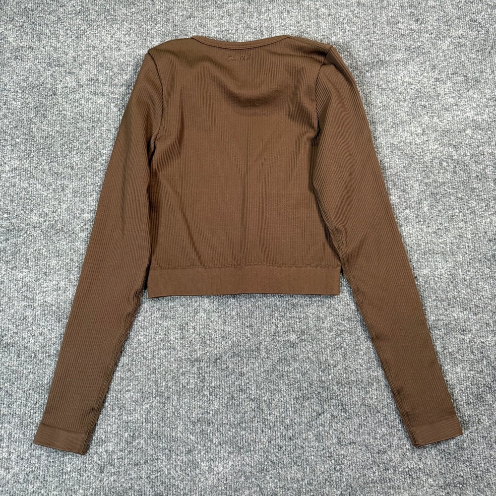 Adanola Ultimate Long Sleeve Crop Top Brown Ribbed Knit Seamless Size Small - Picture 4 of 6